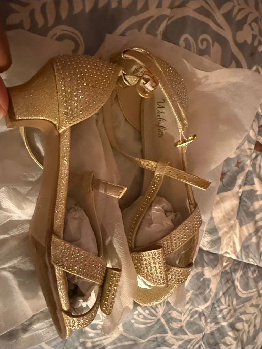 Girls' Gold T-Strap Dress Sandals with Bow and Rhinestones